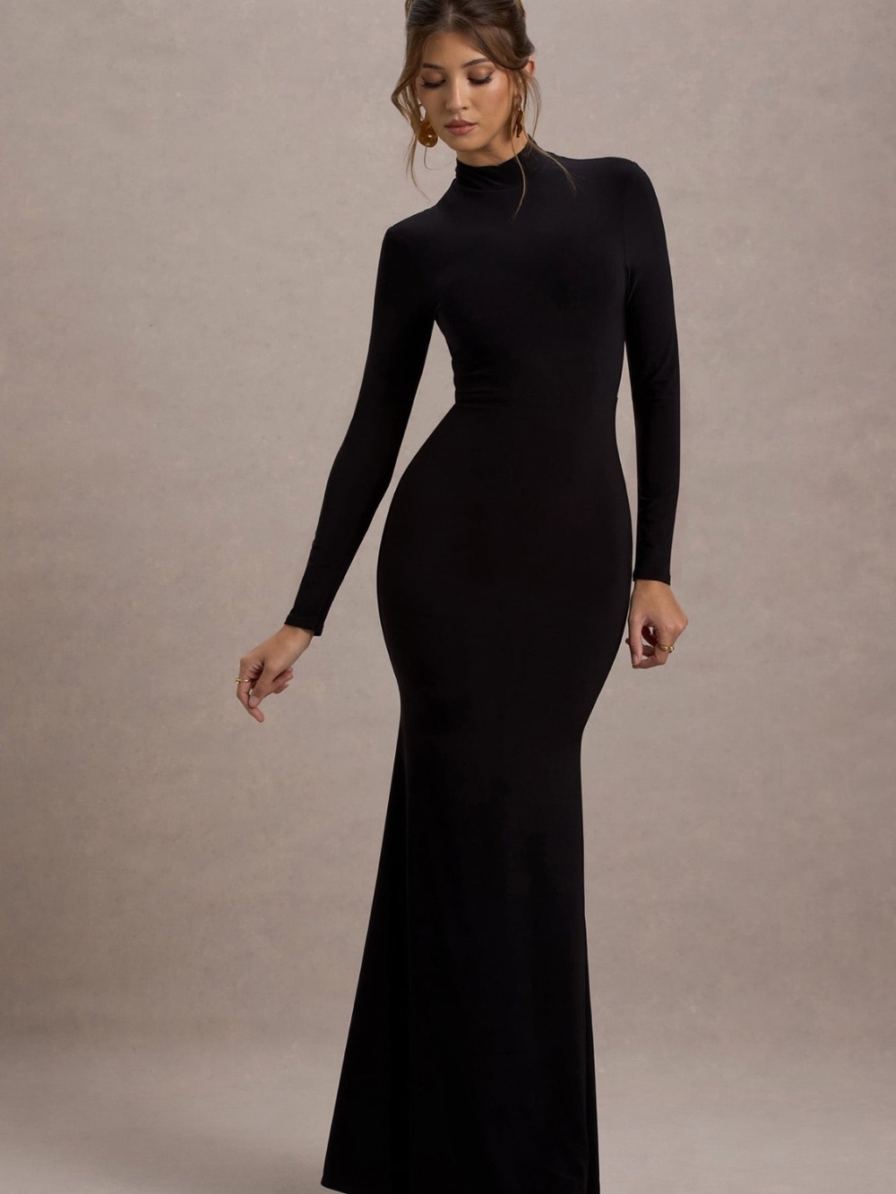 TOVA BLACK HIGH-NECK LONG-SLEEVE
MAXI DRESS